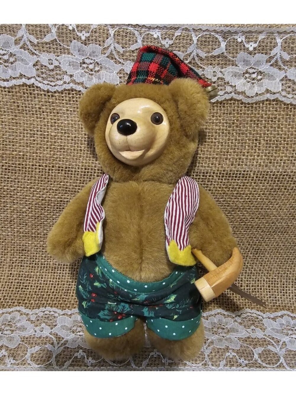 Wooden Face Feet Raikes Bear TINKER  w Hammer This 1 is HTF ! Christmas Signed